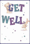This delightful get well card brings a burst of joy and reassurance right from the heart of Pinner, its scene aglow with warmth and cheerful hope. Two animated friends-a lovable teddy bear and a jaunty pup-appear to spring from the page, each gently balancing or holding brightly coloured letters that spell out 'Get Well.' Indigo and teal dominate the text, glowing boldly against a backdrop of soft, creamy white, infusing the image with an uplifting vibrancy that seems to echo through local lanes by Pinner High Street. Sprinkled across the card, stars in varying shades of blue and purple twinkle playfully, reminiscent of twilight lights shimmering above the rooftops on a peaceful evening. The bear's illustrated fur looks irresistibly plush, and the puppy's floppy ears add a sense of movement and comfort, evocative of the soothing textures found in a carefully arranged bouquet on a rainy Pinner afternoon. The atmosphere is carefree yet deeply sincere, making this card an ideal companion to a bouquet from Pinner Flowers. It conveys not only a simple wish for recovery but also the emotional embrace and kindness of our local community, offering gentle encouragement with every whimsical detail.